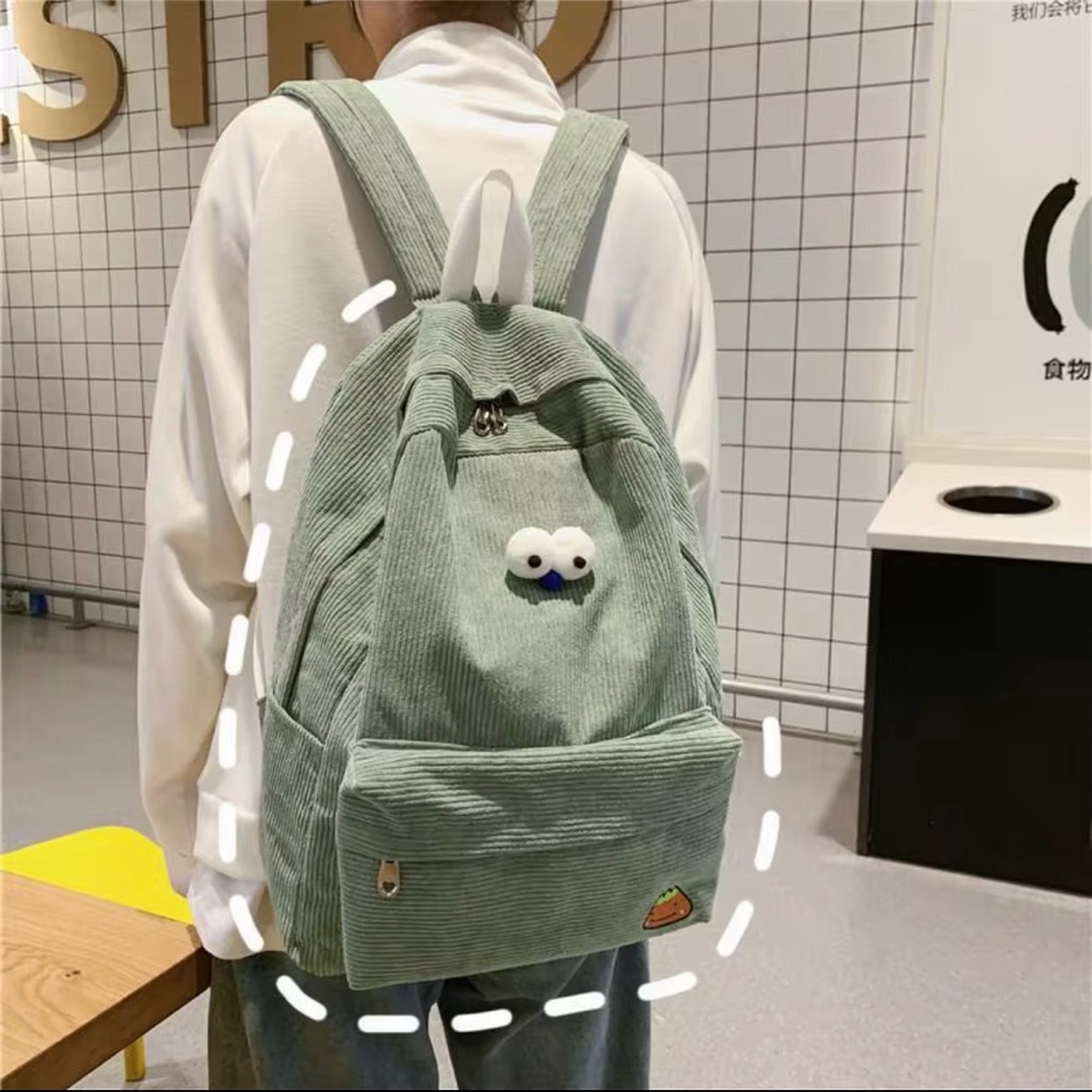 Green Corduroy Backpack with Cute Patch